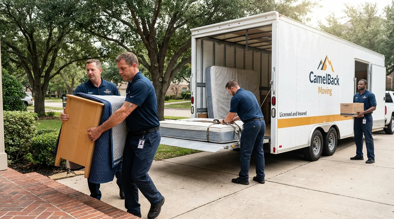Crew loading residential truck for cross-state move from Redway, CA