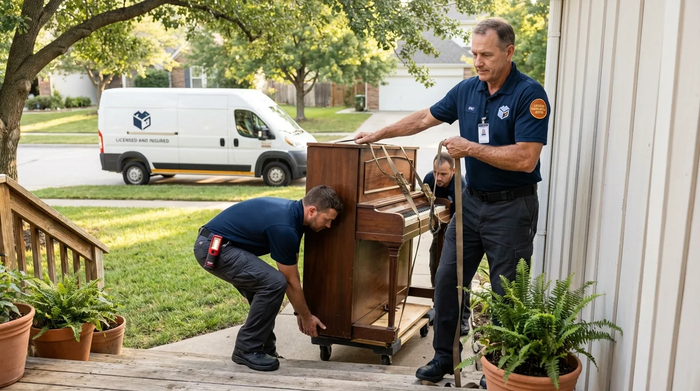 Licensed piano movers securing grand piano in Redway, CA